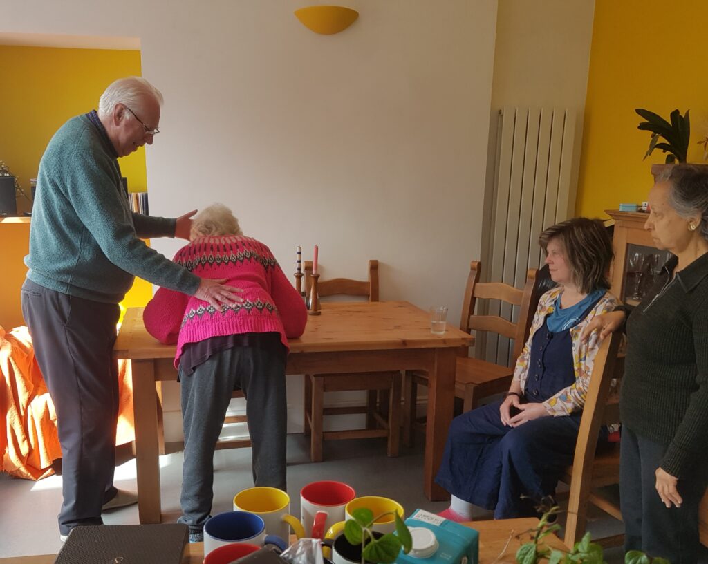Visiting teacher Malcolm Williamson demonstrates how to be four footed